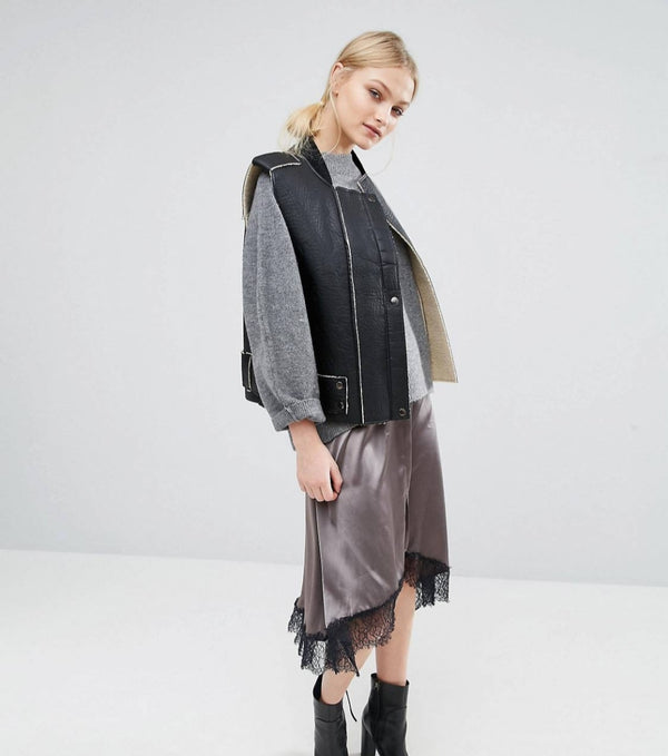 Black Shearling Leather Vest for Women