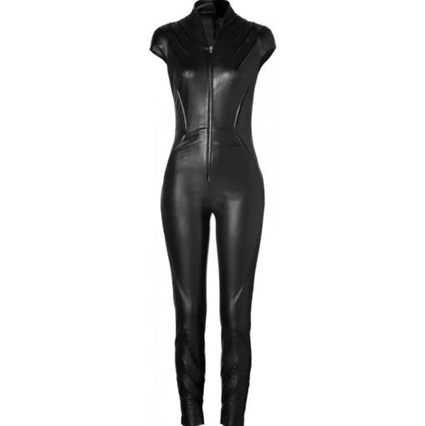 Shear Luxe Women’s Black Leather Bodycon Jumpsuit