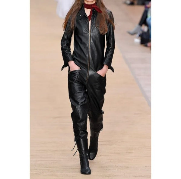 Women's Black Bodycon Leather Jumpsuit – Sleek & Sexy Fit | Shearling Jackets Store