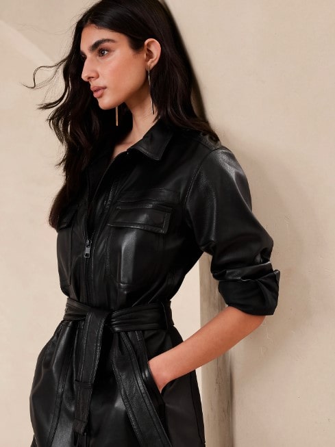 Shear Luxe Women’s Black Leather Bodycon Jumpsuit with Belt
