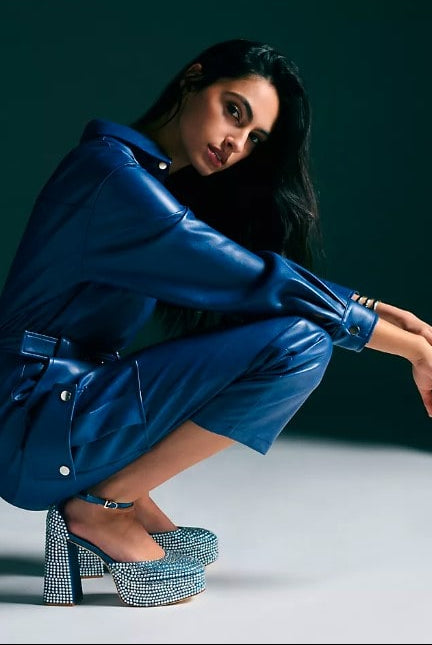 Shear Luxe Women’s Blue Leather Bodycon Jumpsuit | Shearling Jackets Store