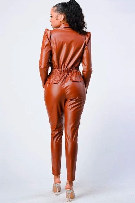 Shear Luxe Women’s Brown Leather Bodycon Jumpsuit