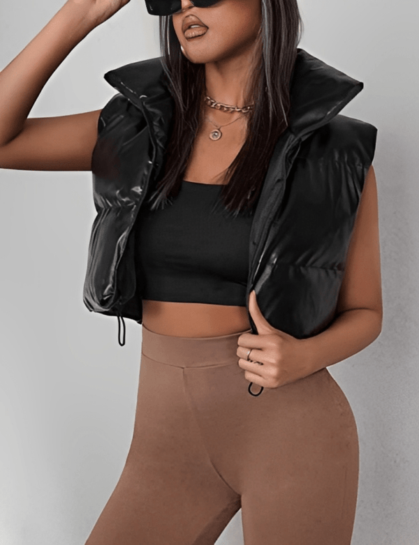 Oversized Black Cropped Puffer Leather Vest for Women
