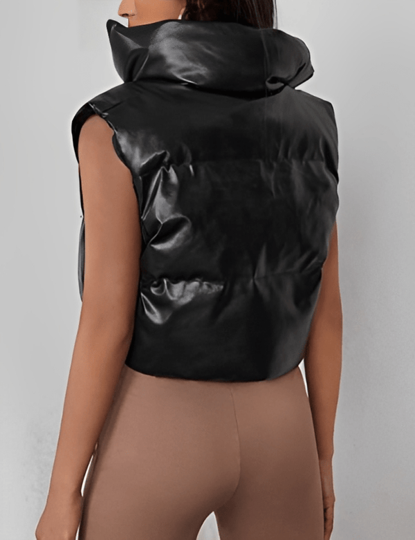 Oversized Black Cropped Puffer Leather Vest for Women
