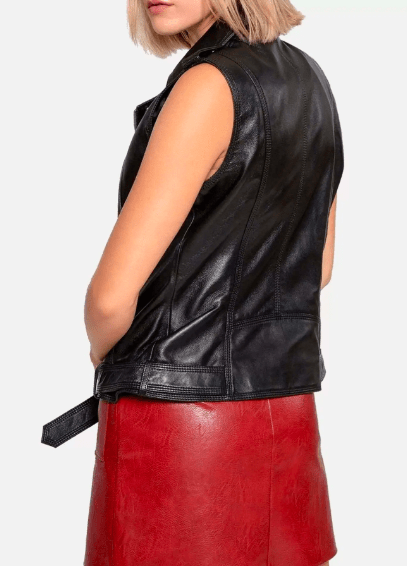 Women’s Black Leather Biker Vest with Belt
