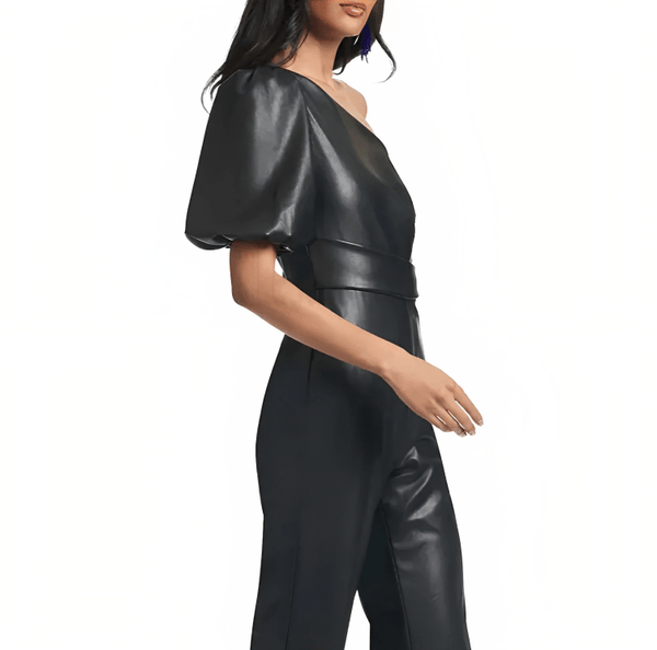 Women’s Black Leather Jumpsuit – Flared Shoulder Elegance