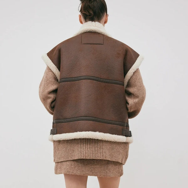 Oversized Chocolate Brown Shearling Leather Vest for Women