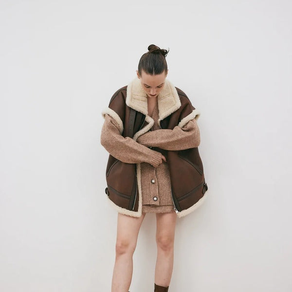 Oversized Chocolate Brown Shearling Leather Vest for Women