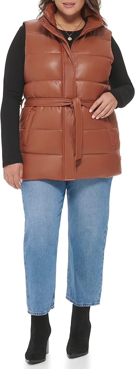 CocoaBelt™ Women's Quilted Leather Puffer Vest in Chocolate Brown