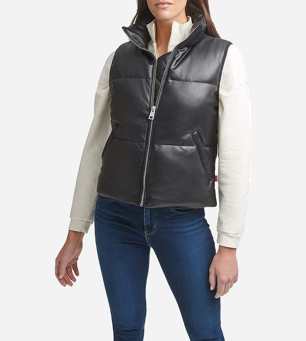 Women’s Black Leather Quilted Puffer Vest