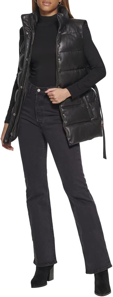 Women's Black Leather Puffer Vest with Belt