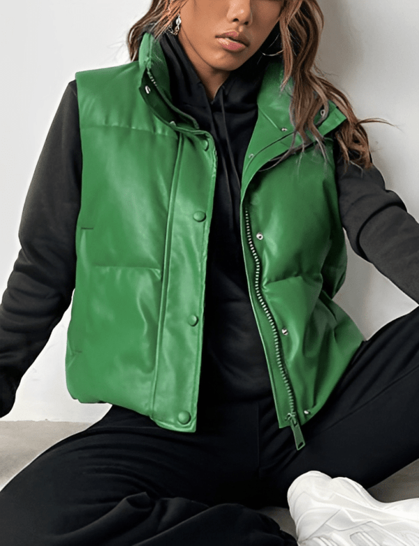 Oversized Green Puffer Leather Vest for Women