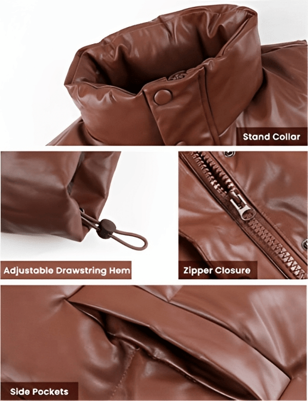 Oversized Tan-Brown Puffer Leather Vest for Women
