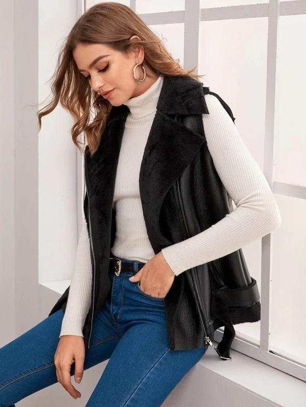 Black Shearling Biker Vest for Women