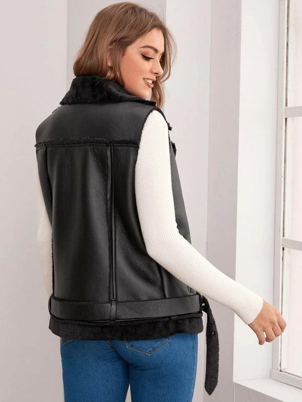 Black Shearling Biker Vest for Women