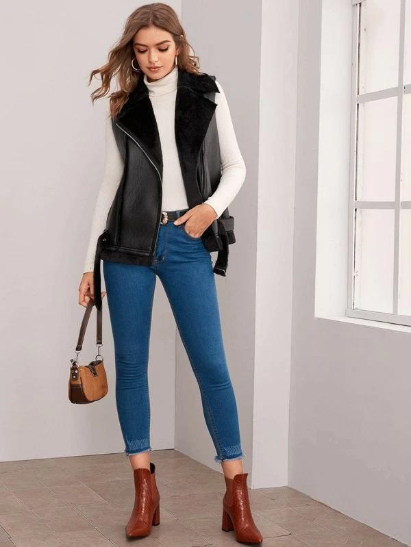 Black Shearling Biker Vest for Women