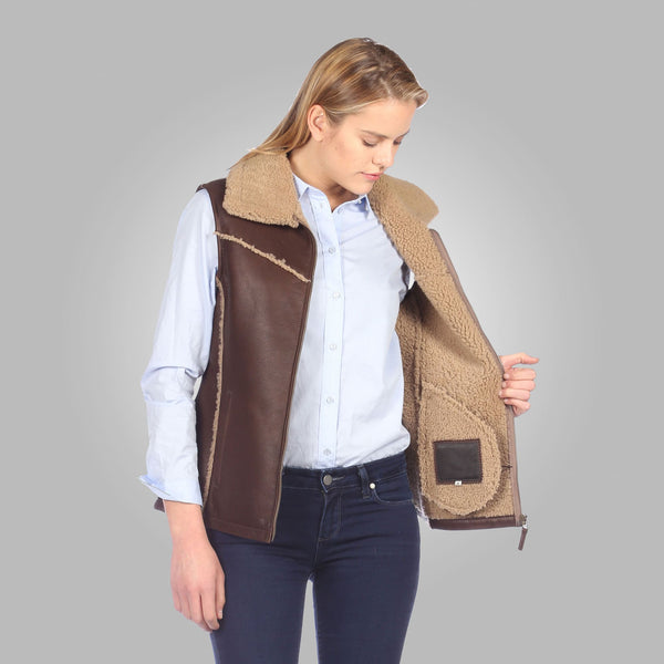 Chocolate Brown Shearling Leather Vest for Women