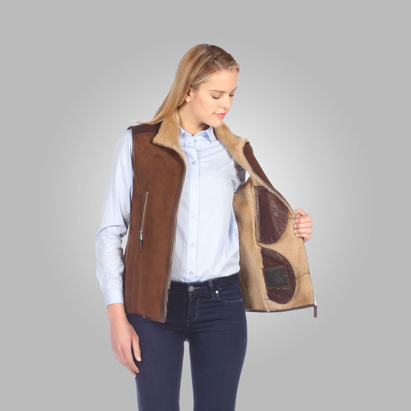 Chocolate Brown Suede Shearling Vest for Women
