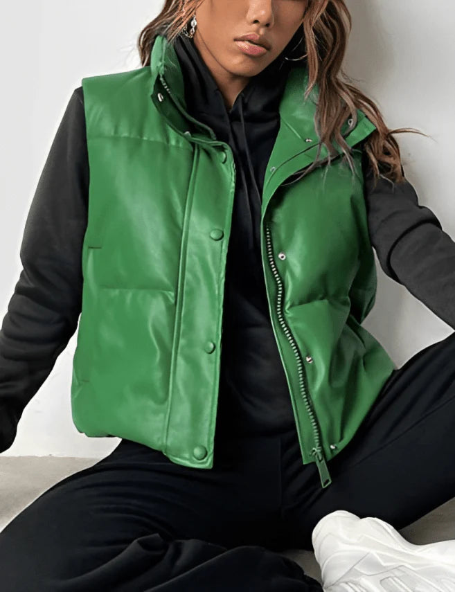 Green Leather Puffer Vest for Women