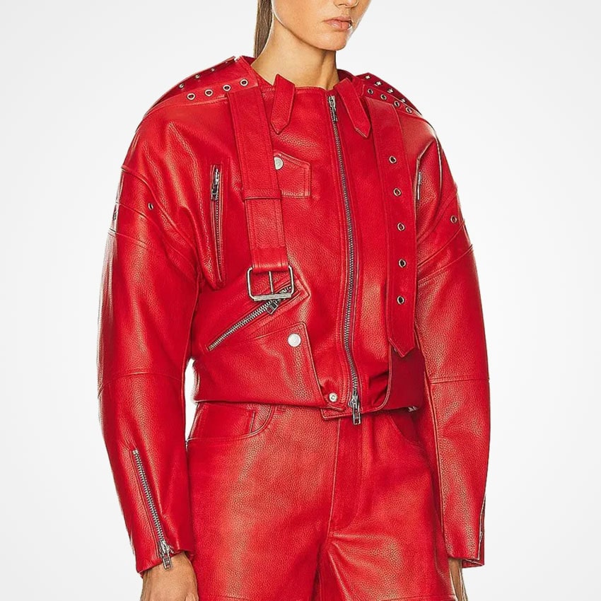 Women's Red Party Leather Biker Jacket with Draped Buckle Straps