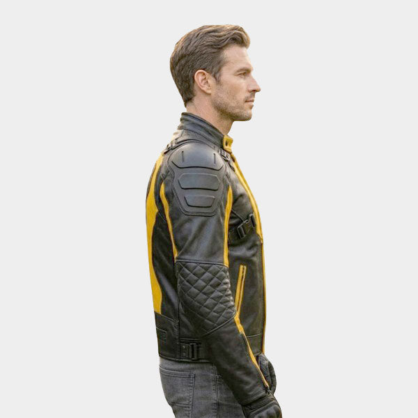 Men Yellow and Black Leather Motorcycle Jacket Quilted Armored Moto Coat