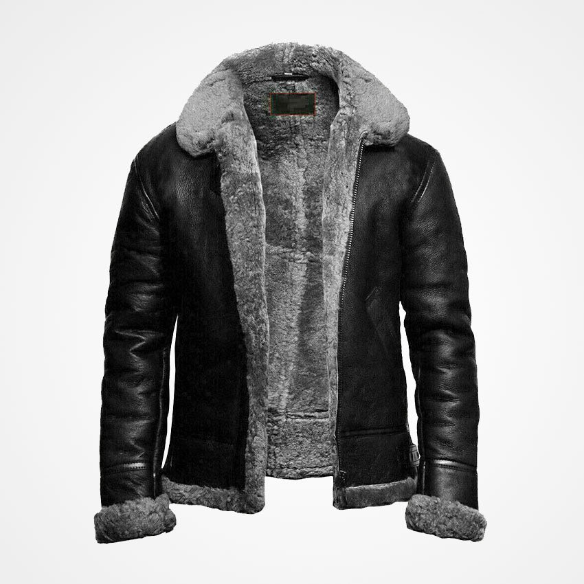 Men's B3 Black Fur Bomber Pilot Leather Jacket