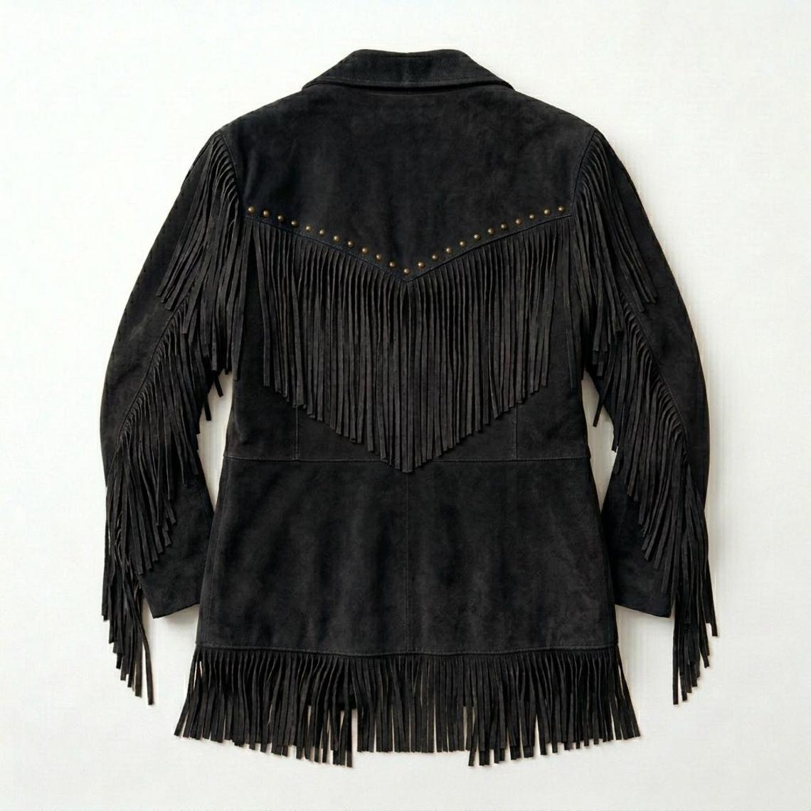 Back view of women black suede leather fringe jacket with long western fringe detailing