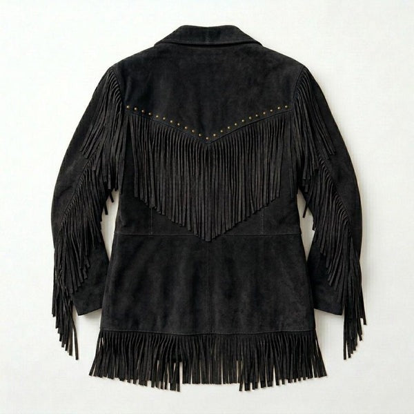 Back view of women black suede leather fringe jacket with long western fringe detailing
