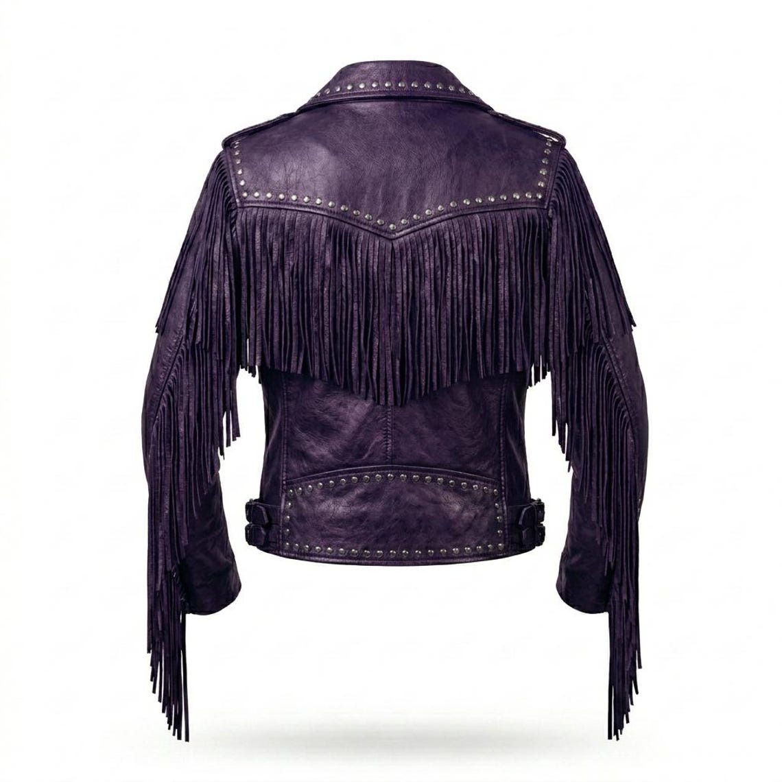 Back view of purple leather fringe jacket showing long fringe design