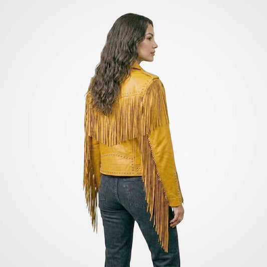 Women Yellow Fringe Leather Jacket Studded Western Biker Style Women Yellow Fringe Leather Jacket Studded Western Biker Style