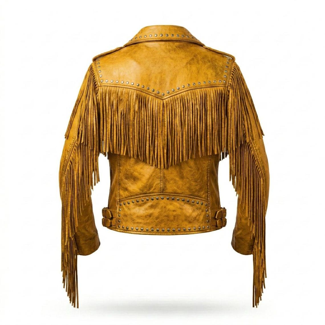 Back view of yellow fringe leather jacket with flowing sleeve fringe