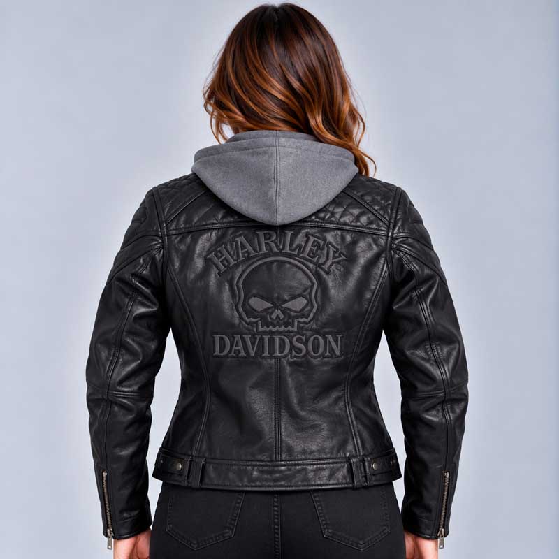 Back view of Womens HD Hooded Leather Jacket highlighting its design.
