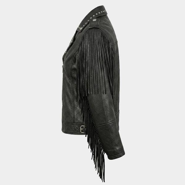 Side profile of black leather fringe studded moto jacket for women