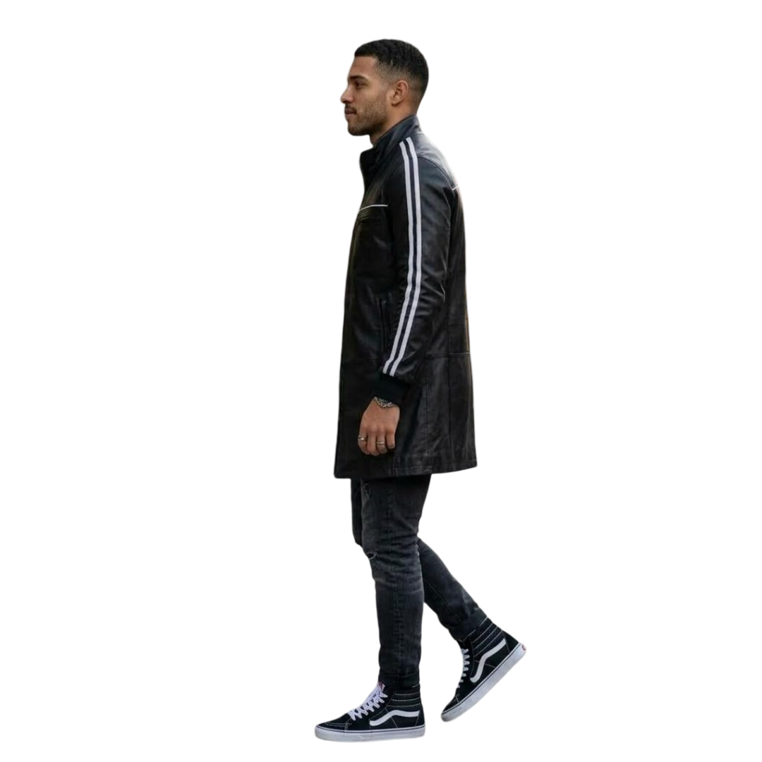 Side view of men black leather jacket with stripe sleeve