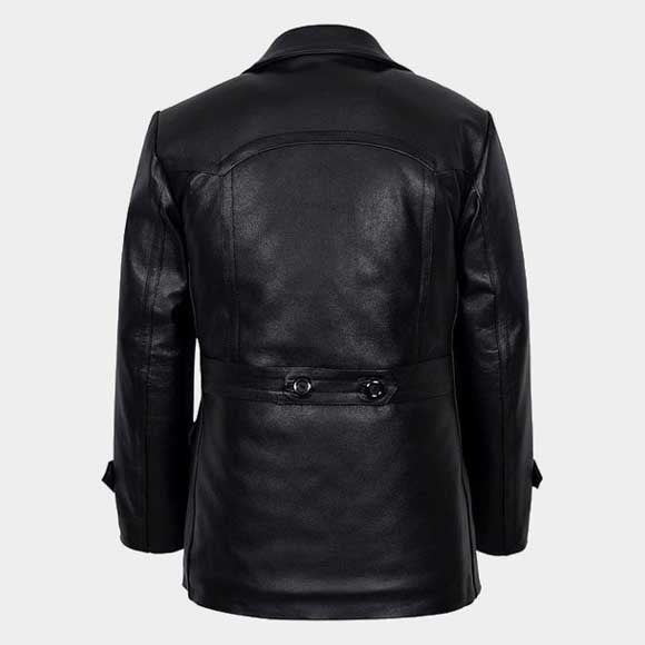 Back view of modern fit black leather peacoat for men