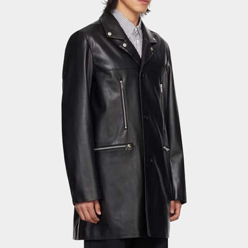 Side profile of mens black leather trench coat