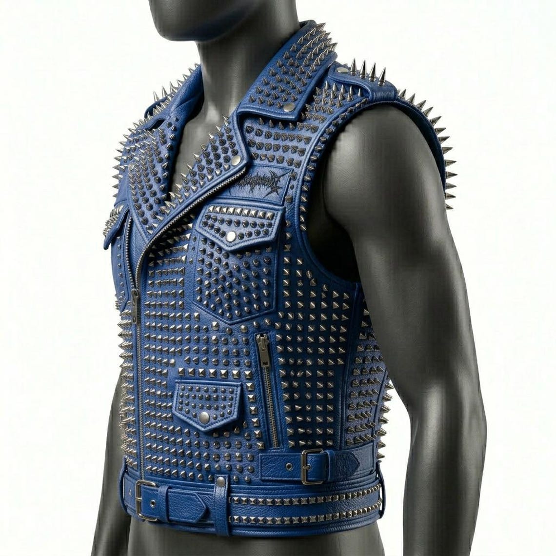 Side angle of blue leather punk rock moto waistcoat for men