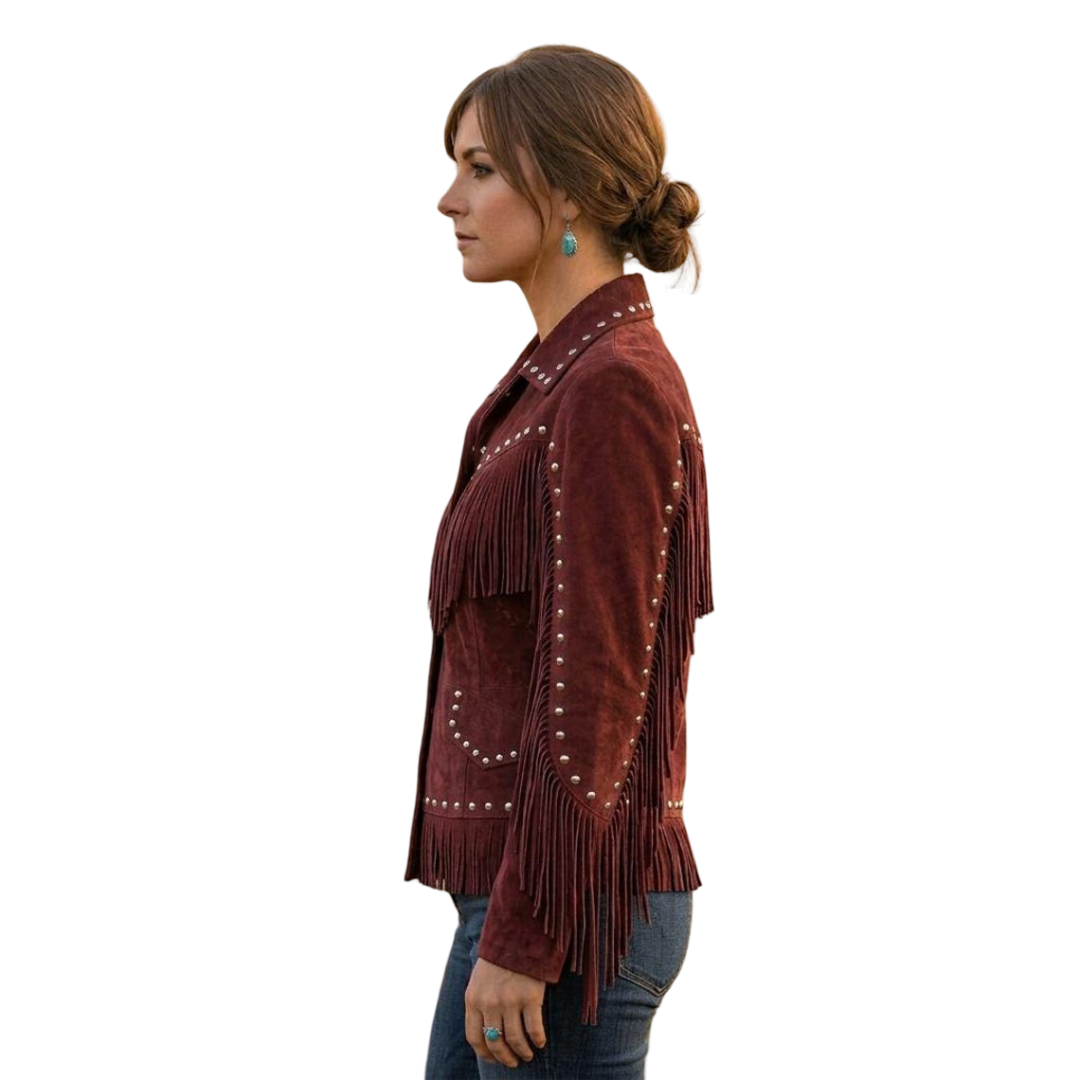Side view of red boho cowgirl suede leather jacket with fringe