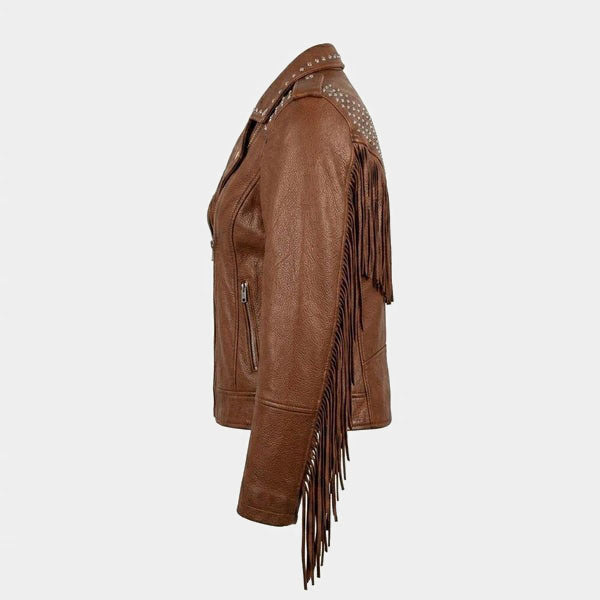 Women Brown Fringe Studded Leather Biker Jacket Slim Fit Moto Style