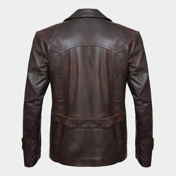 Back view of brown double breasted leather peacoat coat