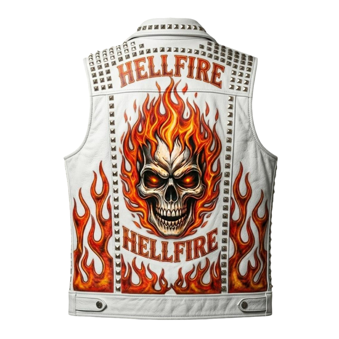 Close up skull and flame sublimation design on white leather biker vest