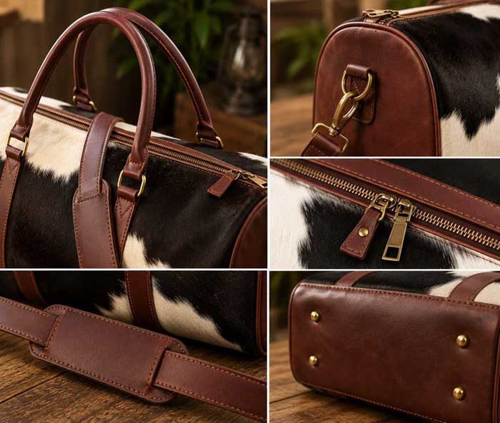Genuine cowhide leather travel bag with detachable strap