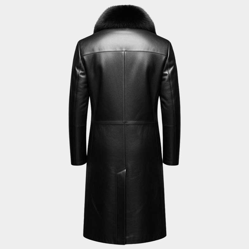 Back view of gothic black leather trench coat for men