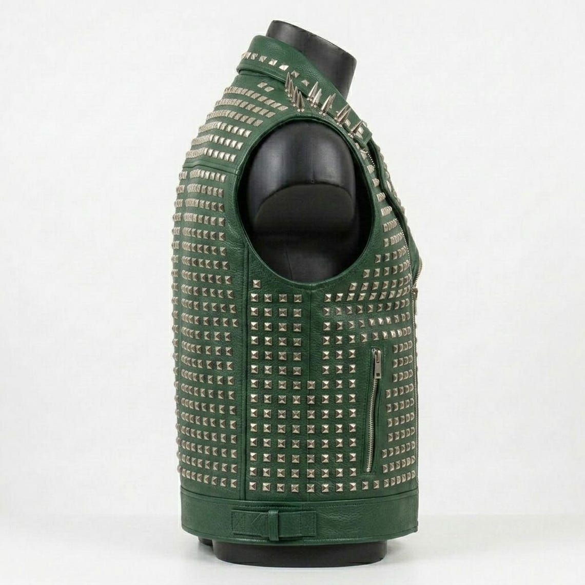 Side angle of green biker punk leather vest for men