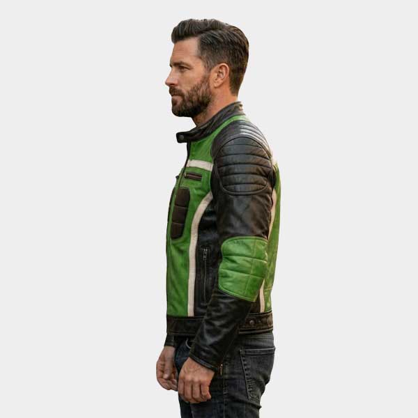 Men Green and Black Leather Biker Jacket Quilted Retro Moto Racing Style