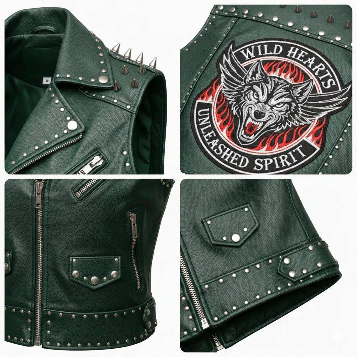 Women green leather biker vest layered over black hoodie