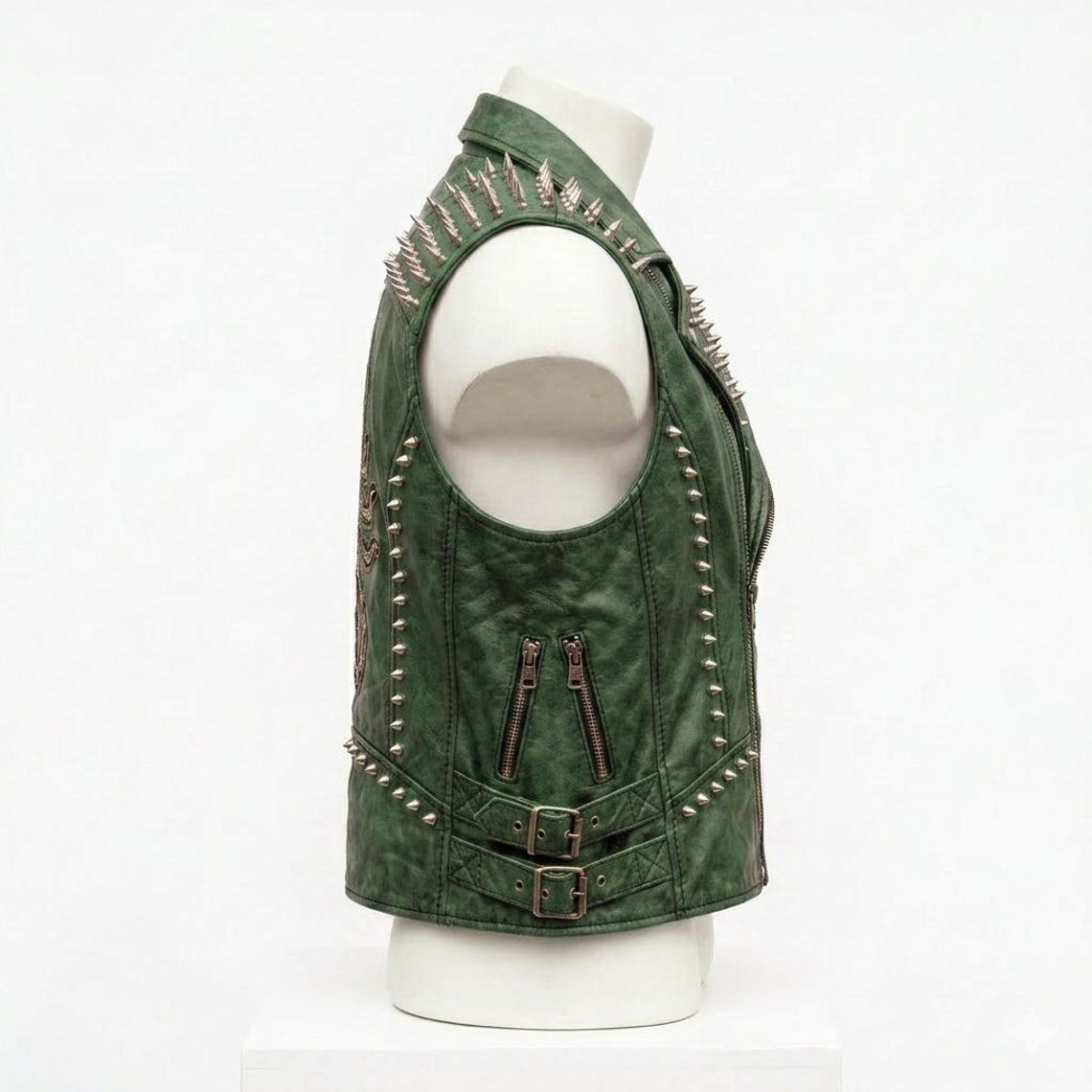Side profile of men green leather waistcoat with spike detail