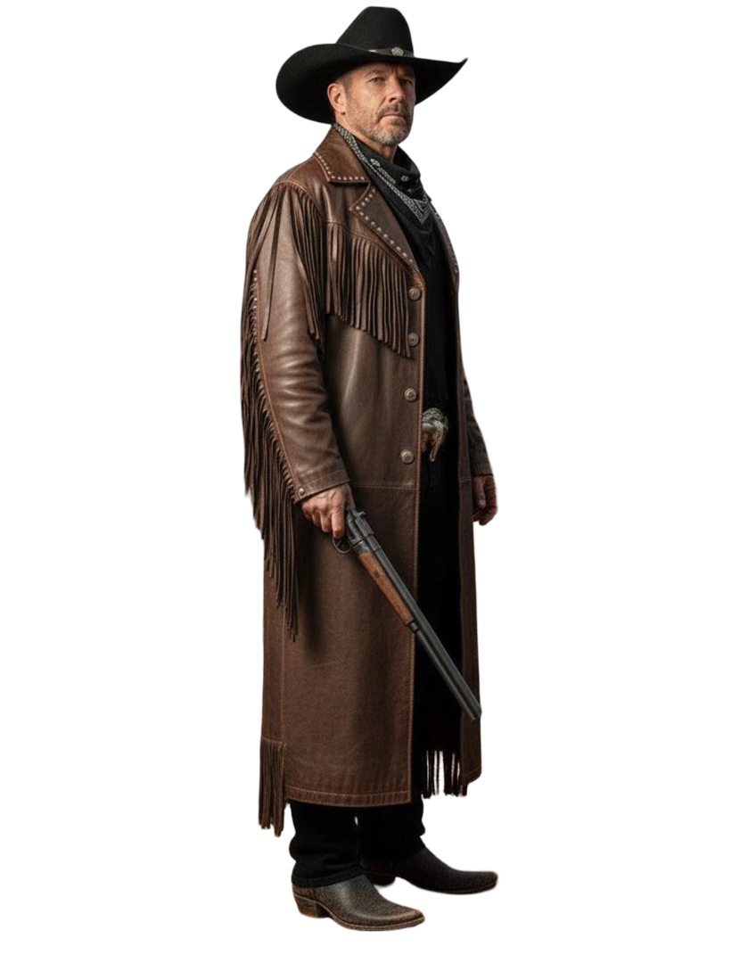 Side view of men brown fringe cowboy duster coat