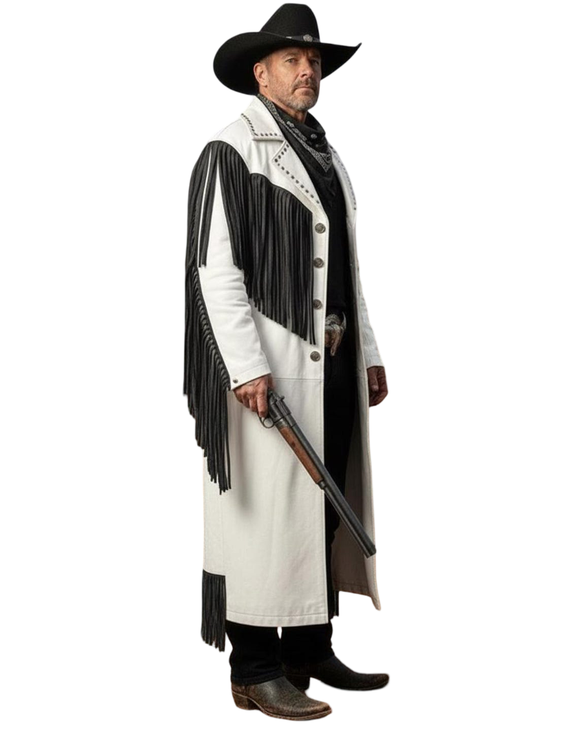 Side view of men white fringe cowboy duster coat