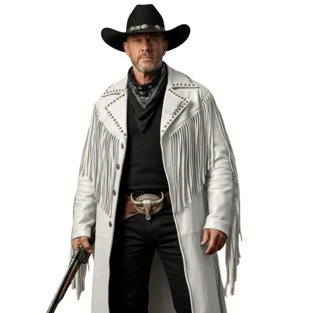 Close up of cowhide leather fringe detailing on men duster coat